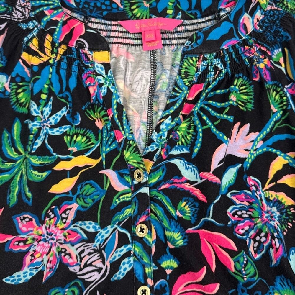 Lilly Pulitzer Norris 3/4 Sleeve Dress Black Floral Onyx Paradise Glow Size XXS - Picture 4 of 5